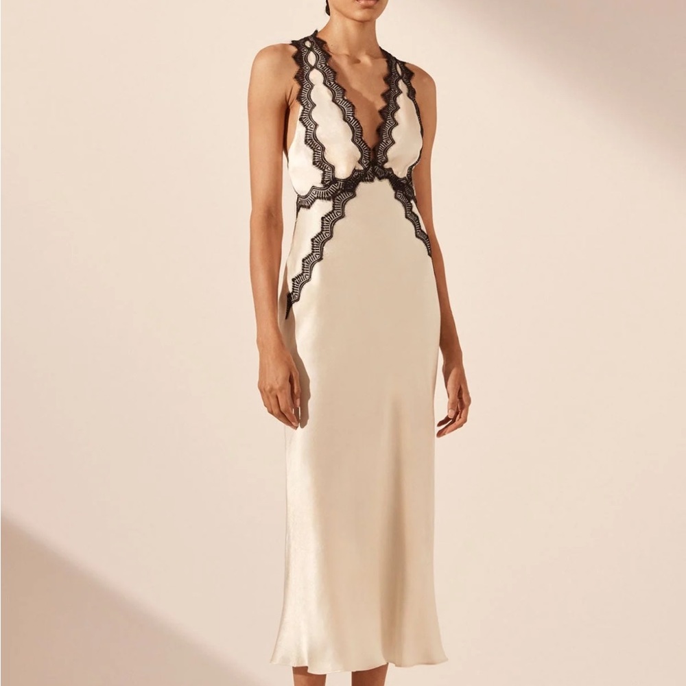 Shona Joy Camille Lace Cross Back Midi Dress Cream Black NEW with tags